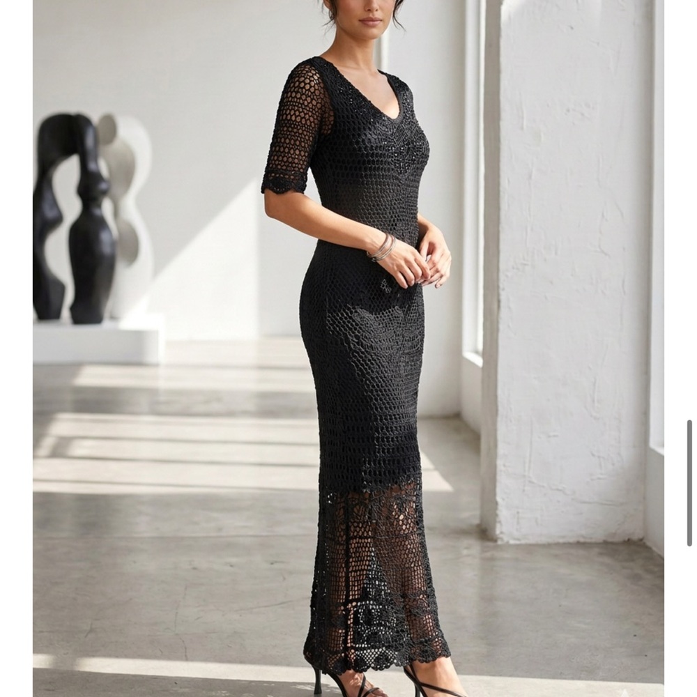 Vintage Black Crochet Knit Maxi Dress